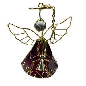 Angel ornament Gold tone Red Stained Glass Hanging Hook christmas celestial